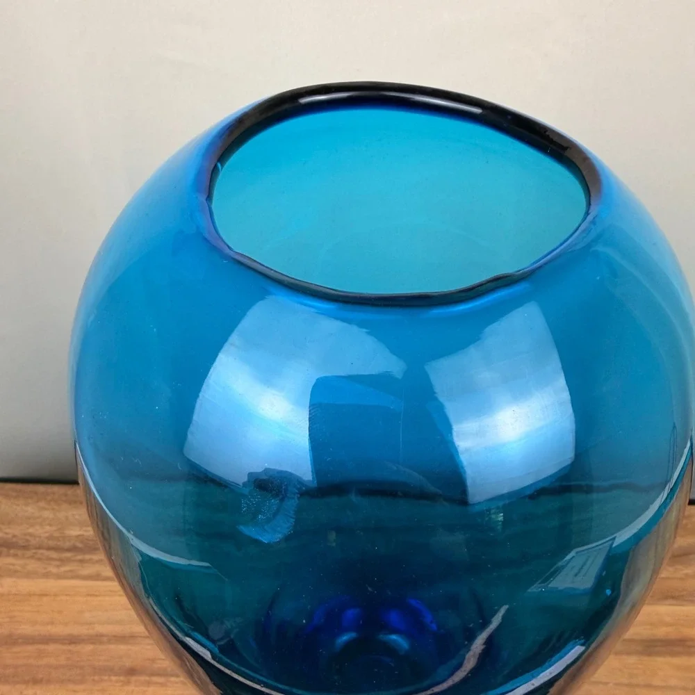 Vintage Hand Blown Blue Glass Vase Large Tapered Ovoid Decorative Vessel 12.5in